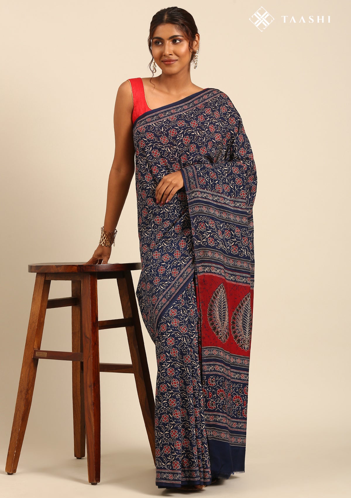 Indigo Block Printed Cotton Saree - Taashi