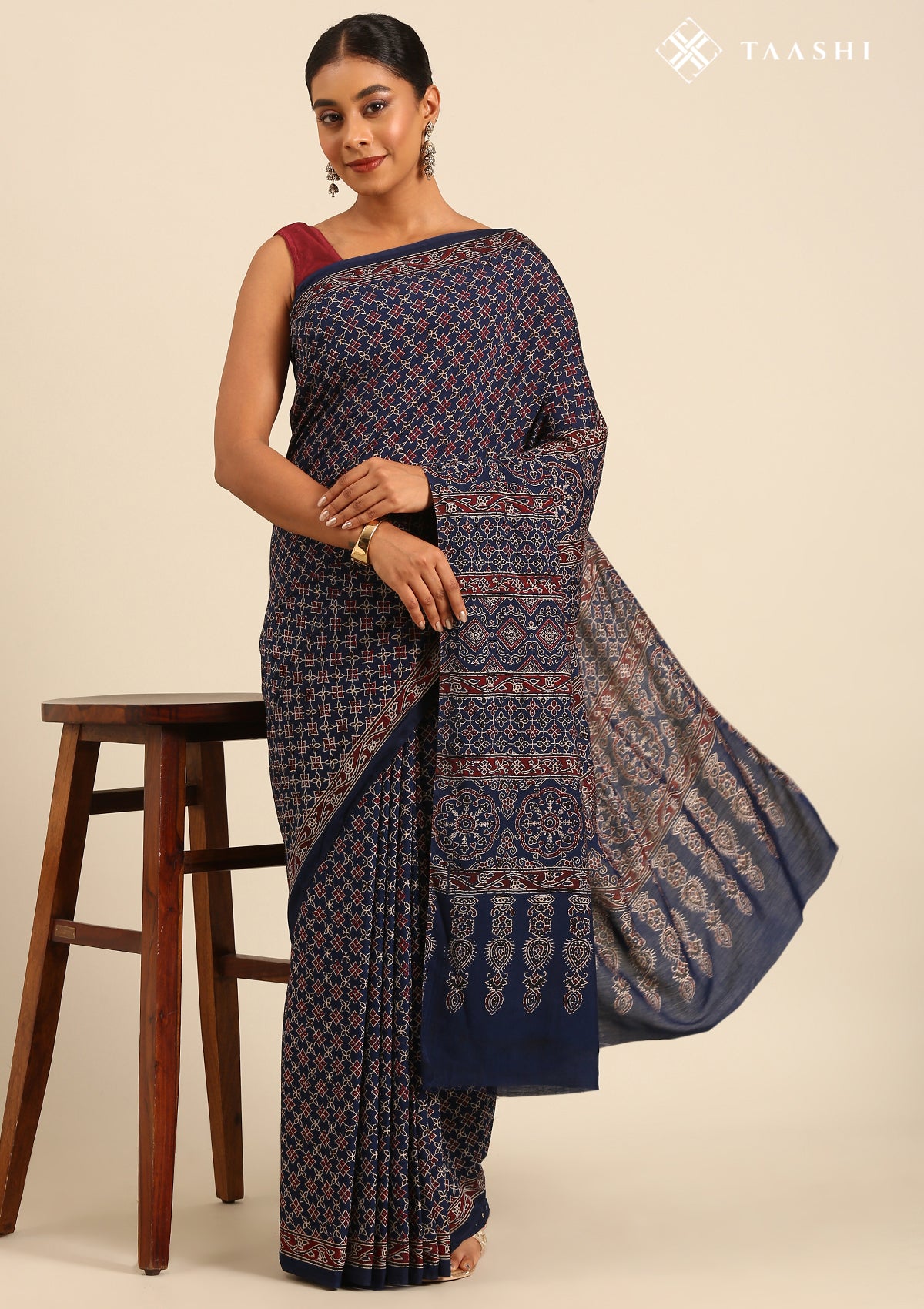 Indigo Block Printed Cotton Saree - Taashi