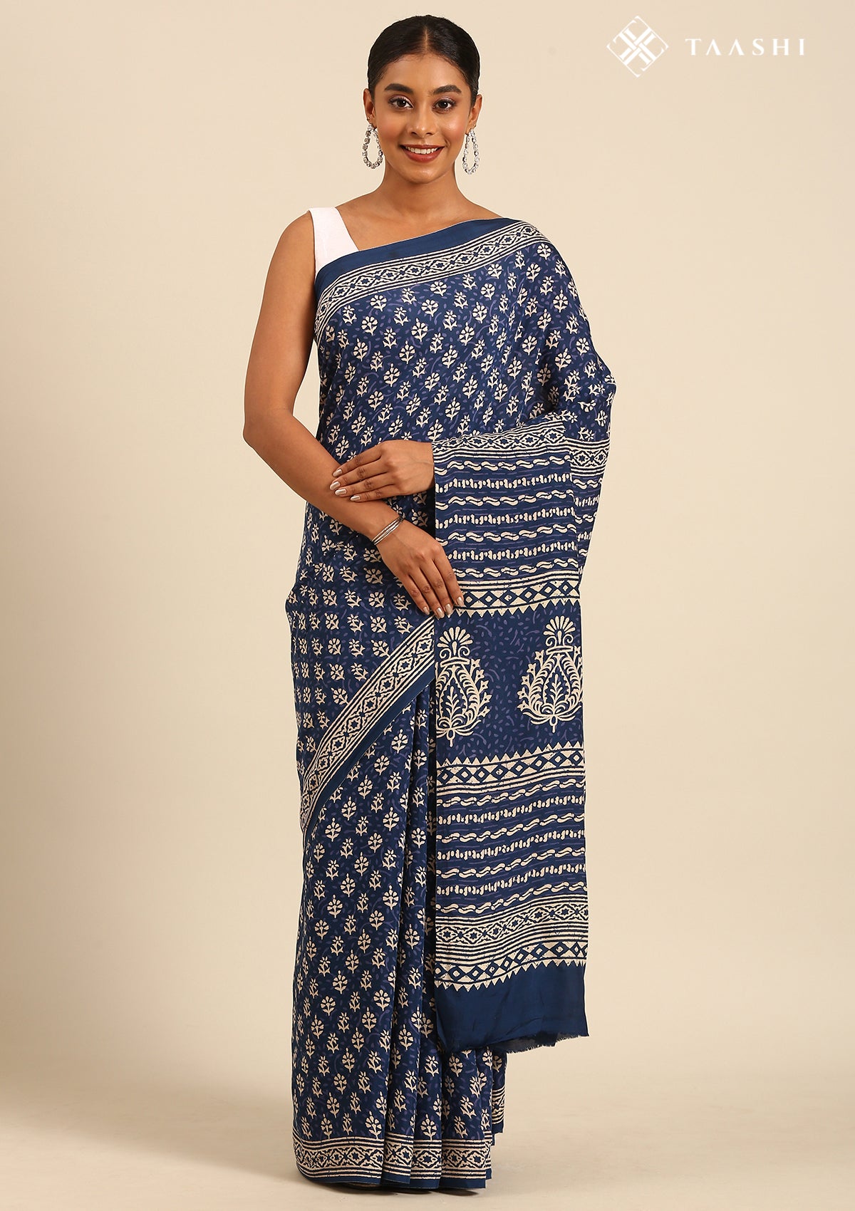 Indigo Block Printed Cotton Saree - Taashi