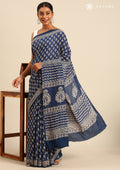 Indigo Block Printed Cotton Saree - Taashi