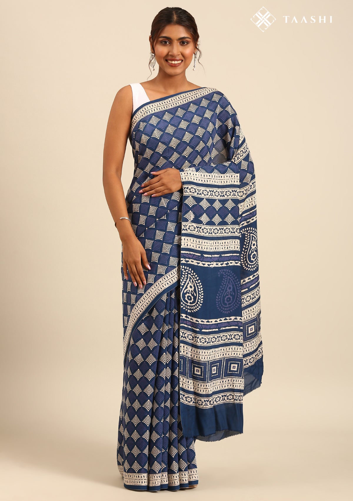 Indigo Block Printed Cotton Saree
