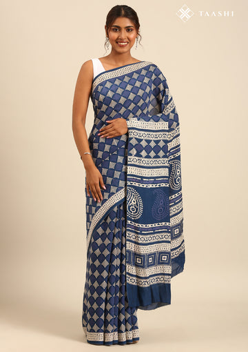 Indigo Block Printed Cotton Saree