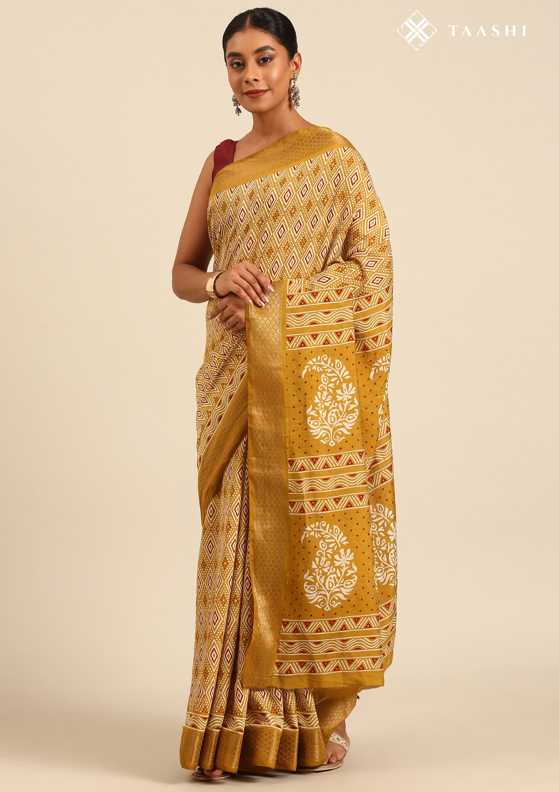 Olive Green Block Printed Cotton Saree