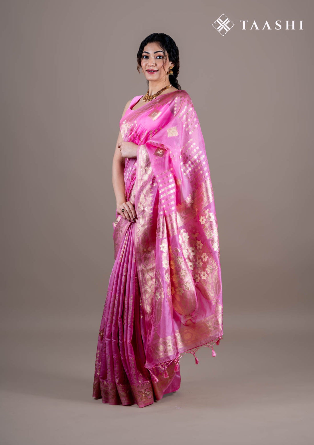 Pink Organza Contemporary Woven Saree