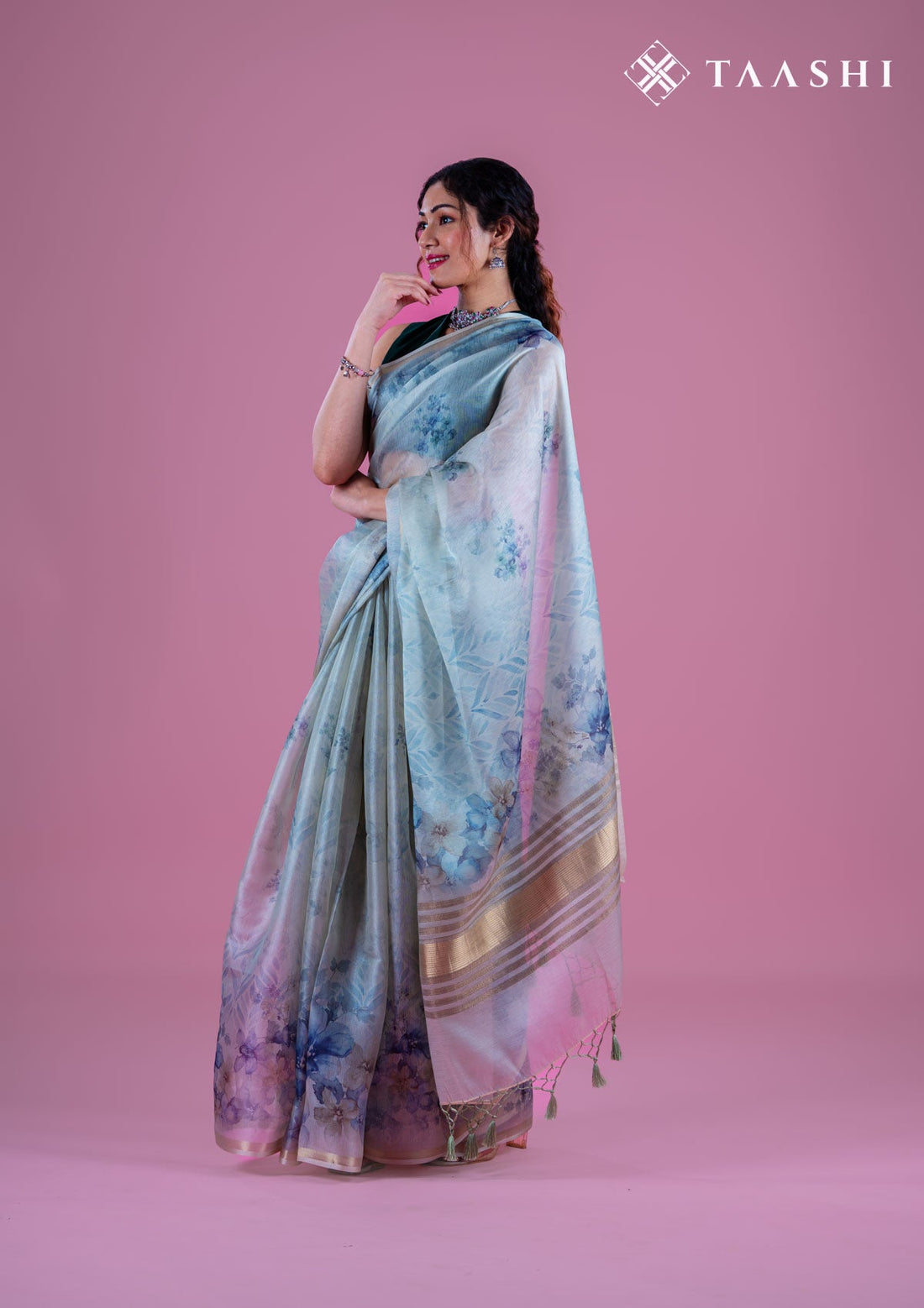 Pastel Sage Green Organza Contemporary Printed Saree