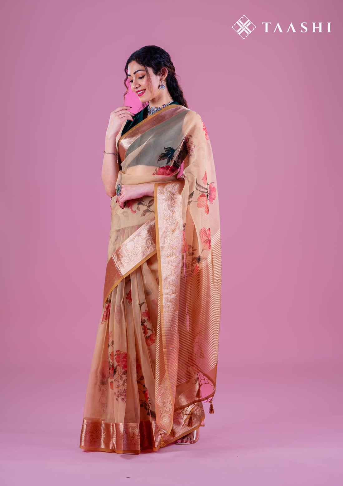 Dusty Yellow Organza Contemporary Printed Saree