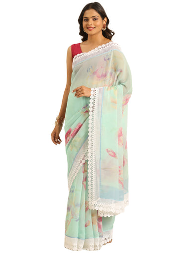 Lilac Pure Georgette Floral Printed Saree