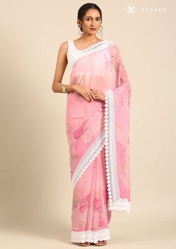 Blush Pink Pure Georgette Floral Printed Saree