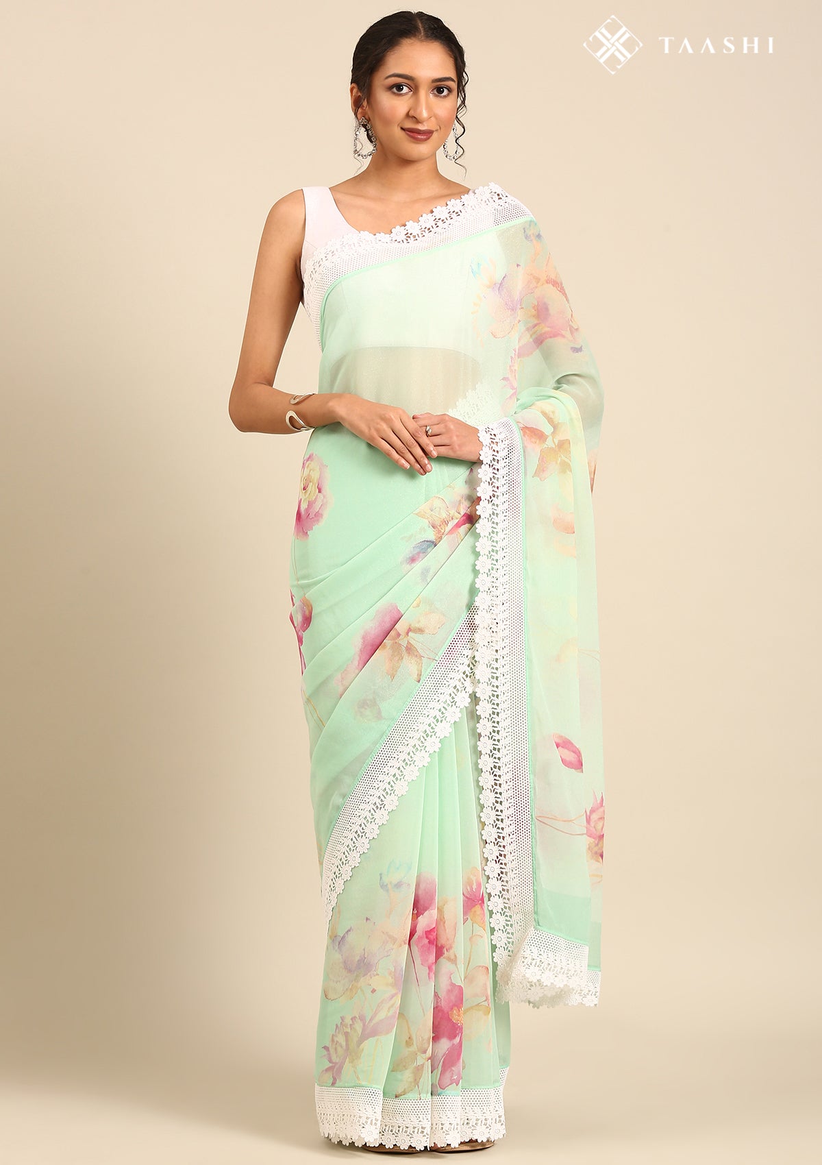 Pastel Green Floral Shimmery Georgette Saree