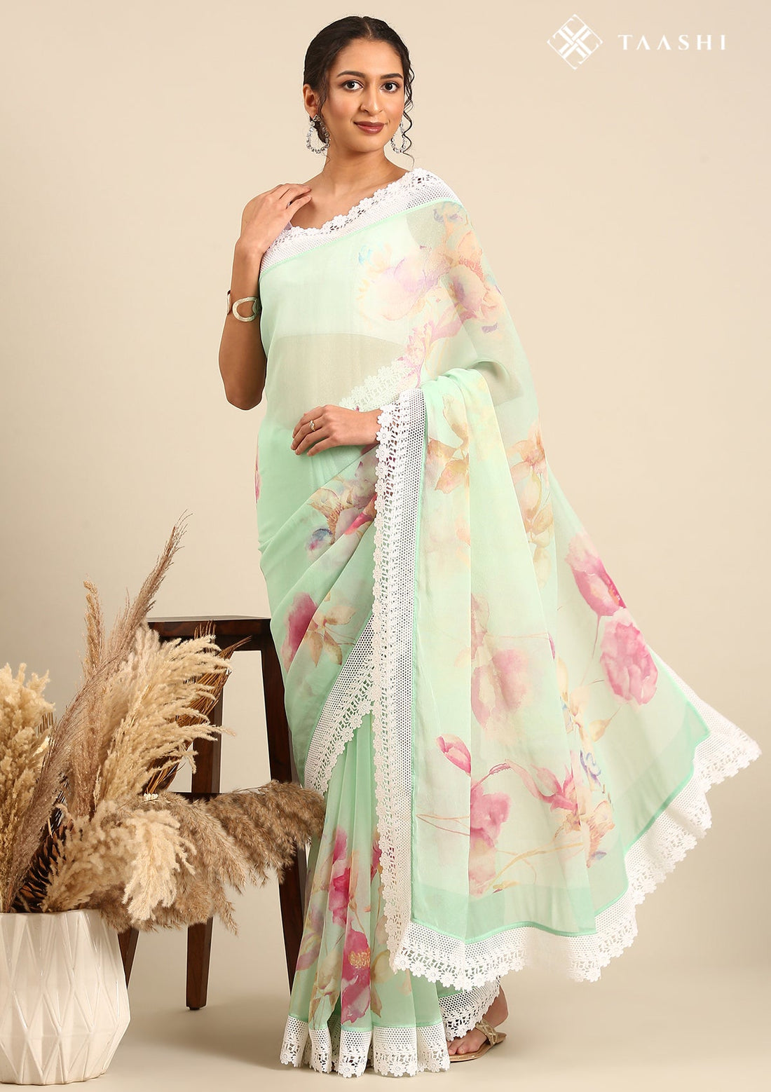 Mint Green Pure Georgette Floral Printed Saree