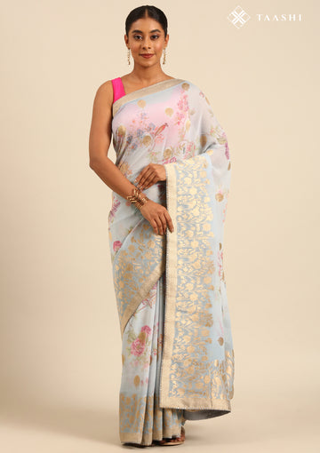 Dusty Blue Floral Printed And Woven Butta Georgette Saree