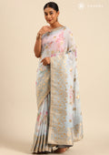 Dusty Blue Floral Printed And Woven Butta Georgette Saree - Taashi