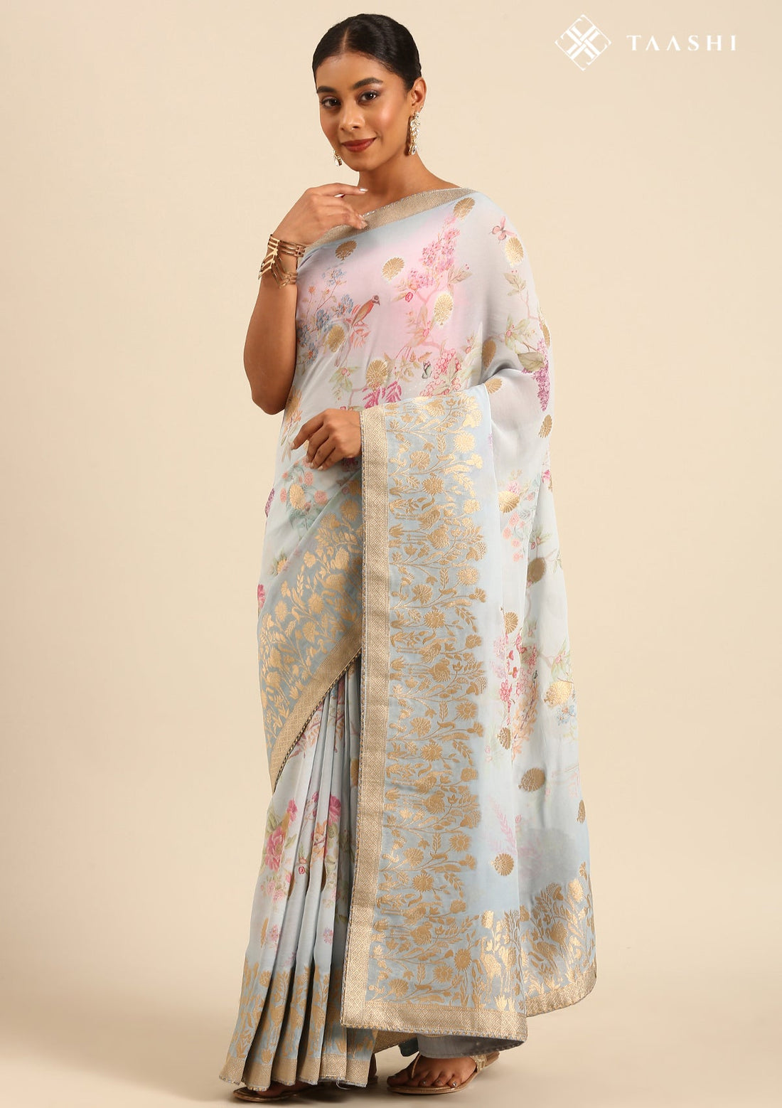 Powder Blue Pure Georgette Floral Printed Saree
