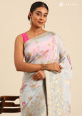 Dusty Blue Floral Printed And Woven Butta Georgette Saree - Taashi
