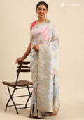 Dusty Blue Floral Printed And Woven Butta Georgette Saree - Taashi