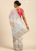 Dusty Blue Floral Printed And Woven Butta Georgette Saree - Taashi