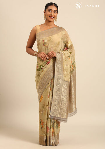 Pastel Olive Green Pure Georgette Floral Printed Saree
