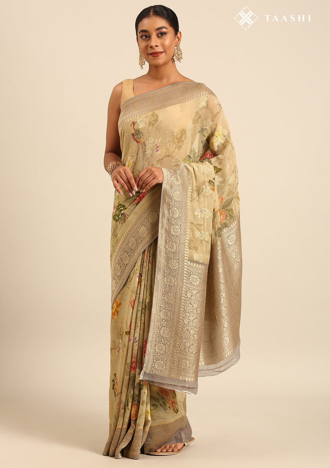 Pastel Olive Green Pure Georgette Floral Printed Saree