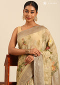 Dusty Sage Green Nature InspiRed Printed And Woven Butta Georgette Saree - Taashi