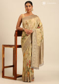 Dusty Sage Green Nature InspiRed Printed And Woven Butta Georgette Saree - Taashi
