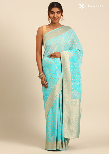 Blue Georgette Printed And Zari Butta Saree