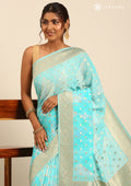 Blue Georgette Printed And Zari Butta Saree - Taashi