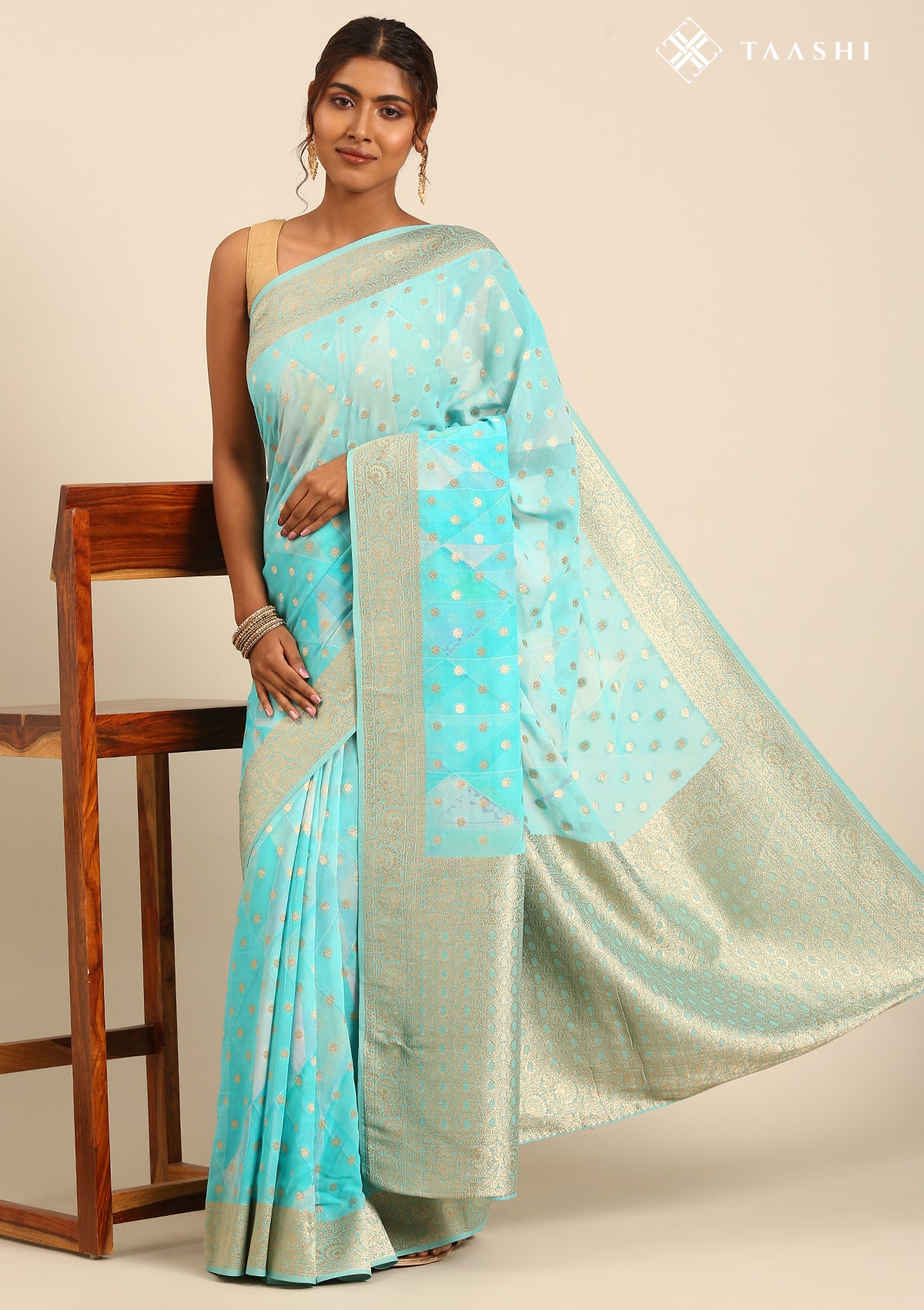 Blue Georgette Printed And Zari Butta Saree