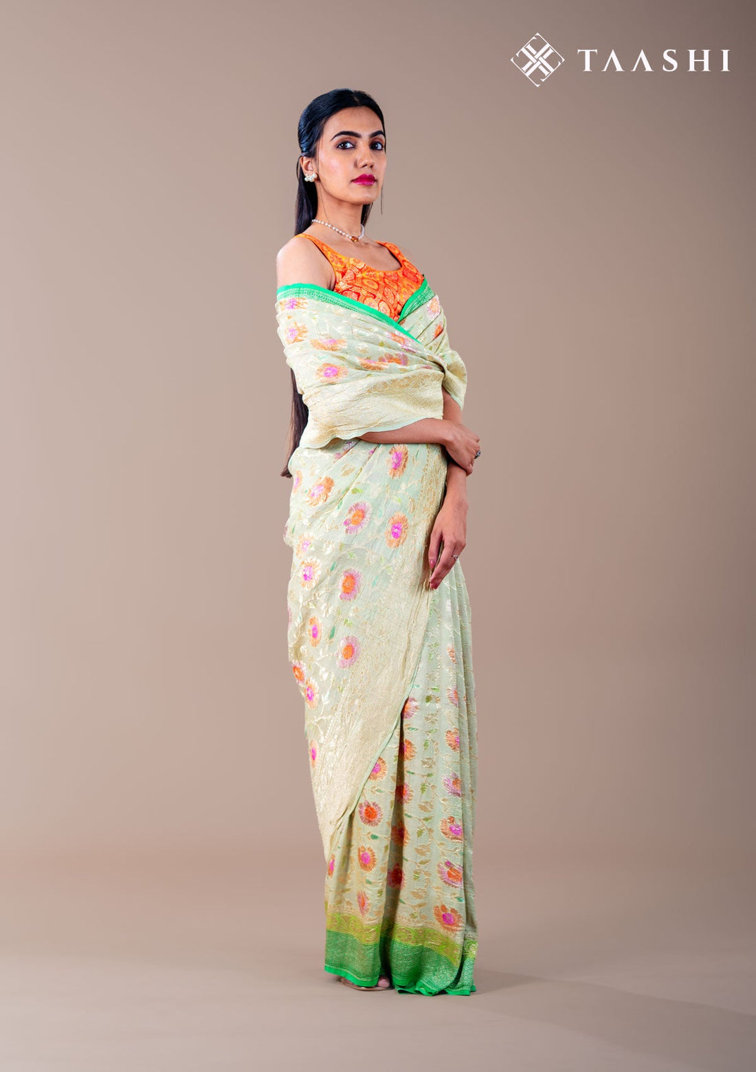 Pastel Green Pure Georgette Floral Khaddi Banarasi Saree