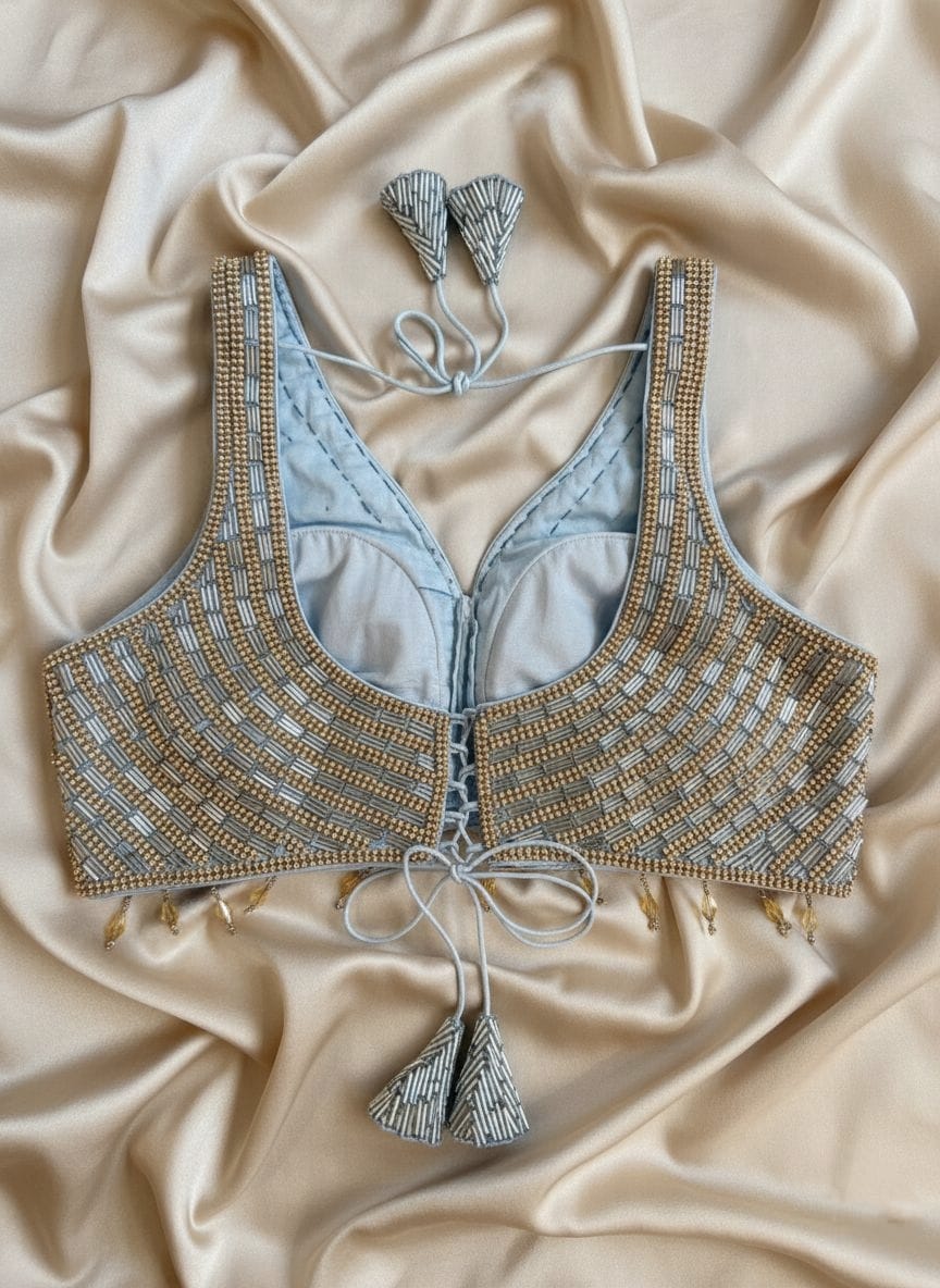 Grey Embellished Blouse with Gold Detailing and Tassel Accents