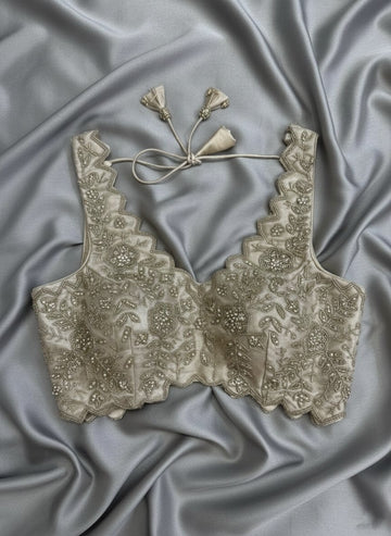 Cream Satin Blouse with Floral Beadwork and Zigzag Detailing