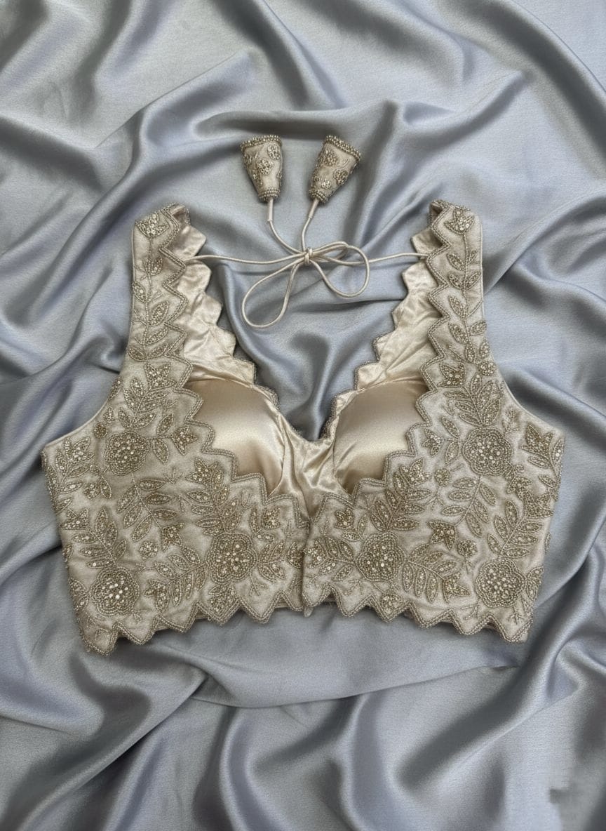 Cream Satin Blouse with Floral Beadwork and Zigzag Detailing