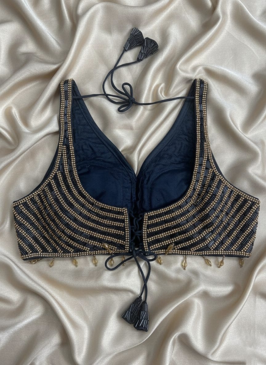 Dark Blue-Grey Embellished Blouse with Gold Detailing and Tassel Accents