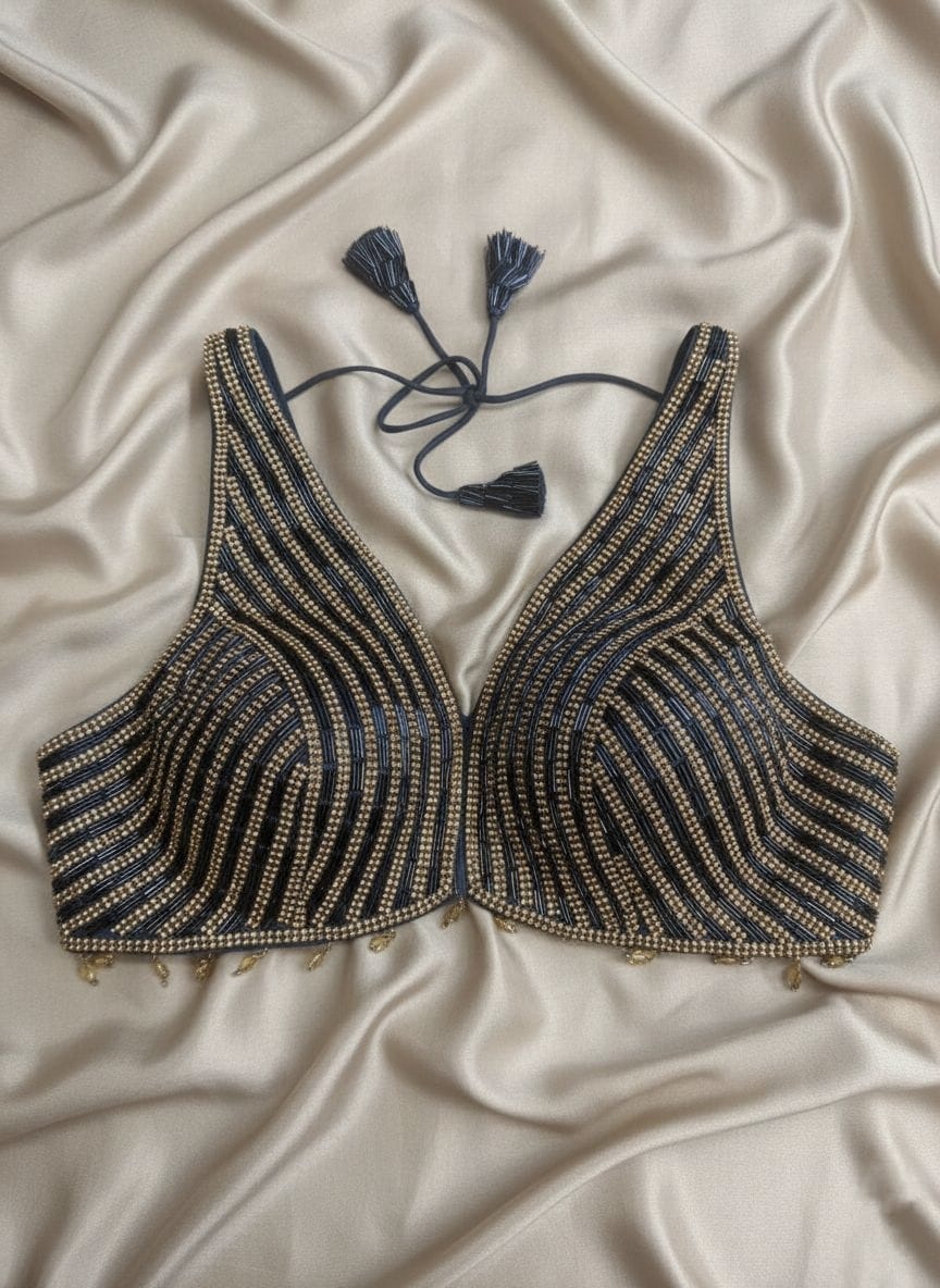 Dark Blue-Grey Embellished Blouse with Gold Detailing and Tassel Accents