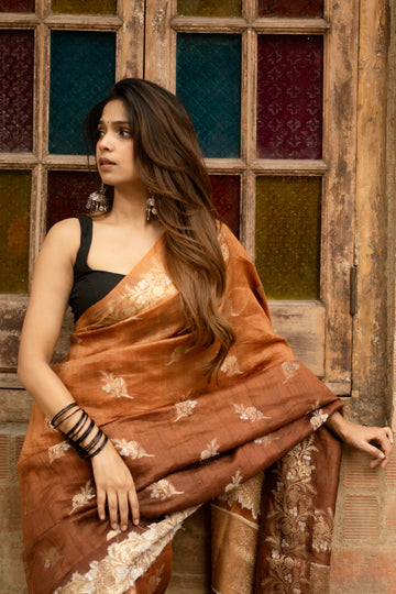 Ombre Brown Pure Tussar Contemporary Woven Saree