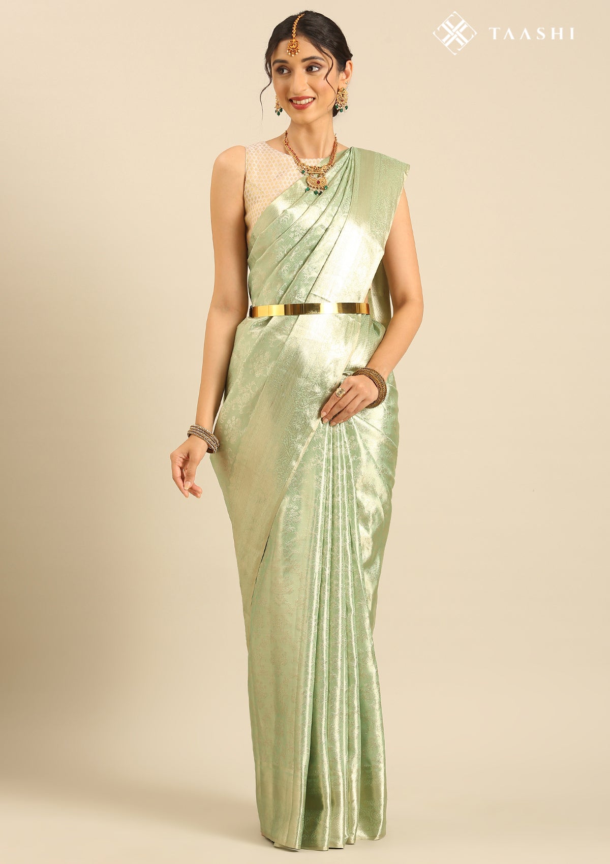 Pista Green Jacquard Woven Kanchipuram Saree - Taashi