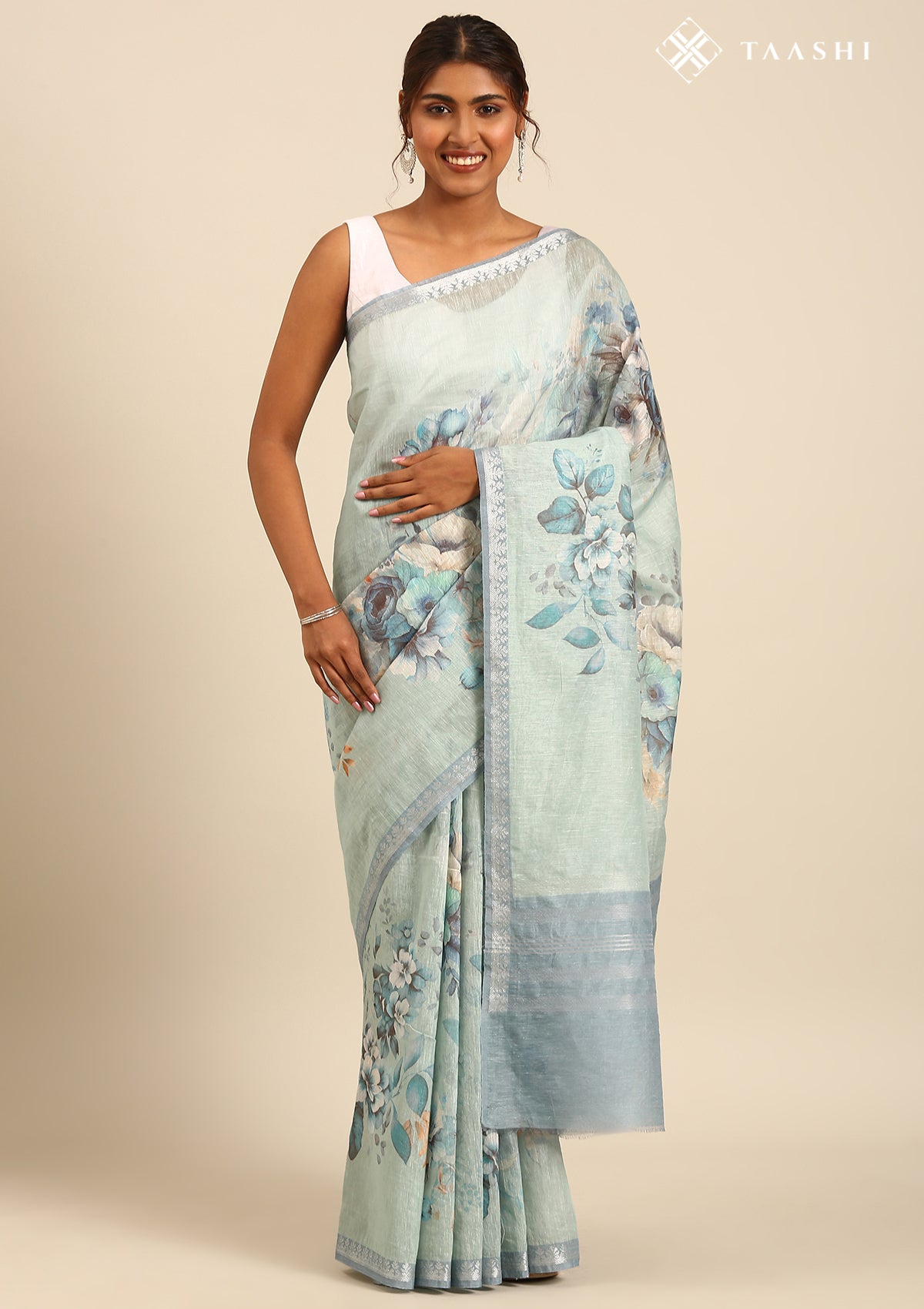 Dusty Blue Floral Printed Linen Saree