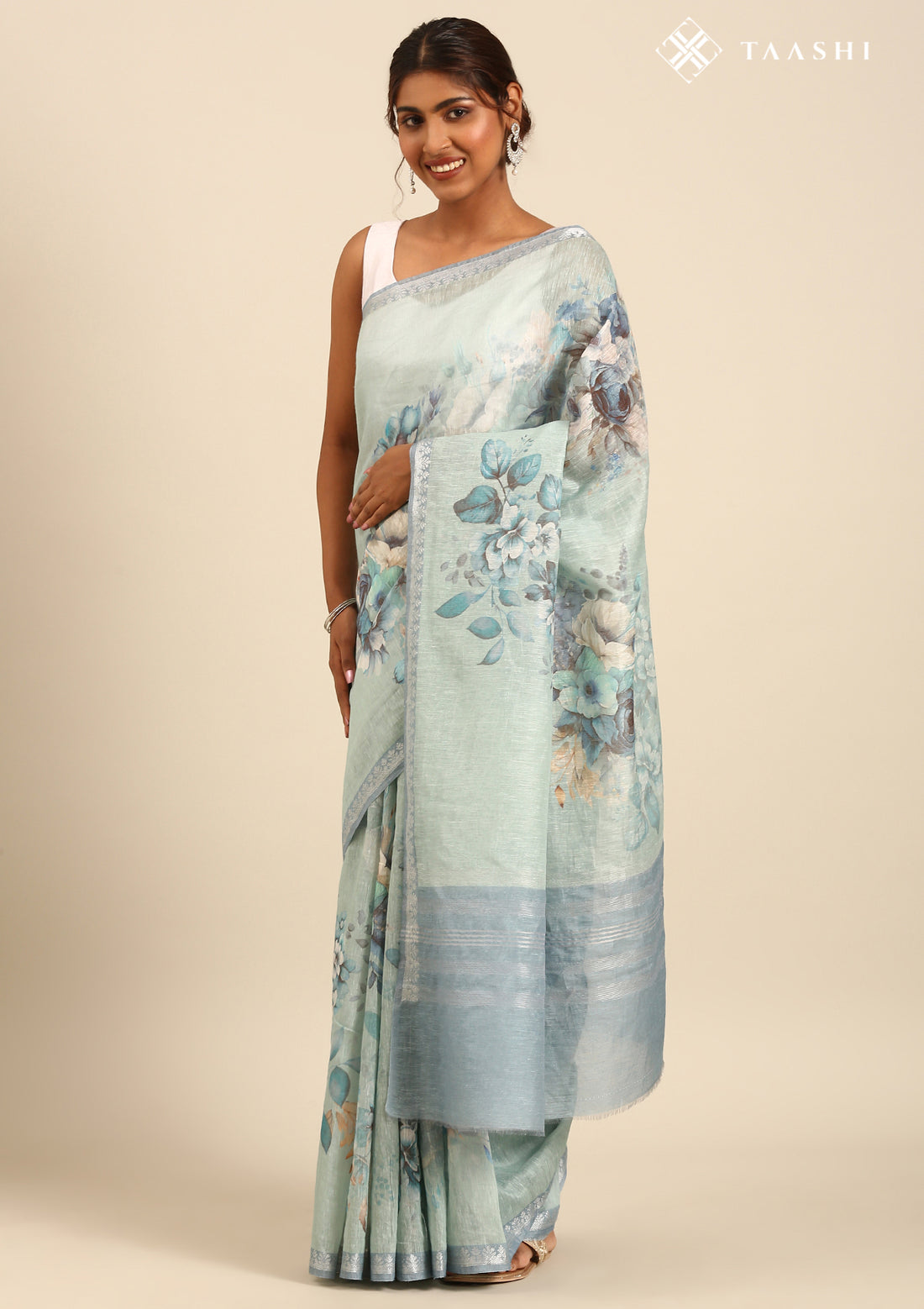 Dusty Blue Floral Printed Linen Saree