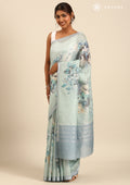 Dusty Blue Floral Printed Linen Saree - Taashi