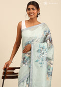 Dusty Blue Floral Printed Linen Saree - Taashi