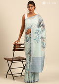 Dusty Blue Floral Printed Linen Saree - Taashi