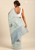 Dusty Blue Floral Printed Linen Saree - Taashi
