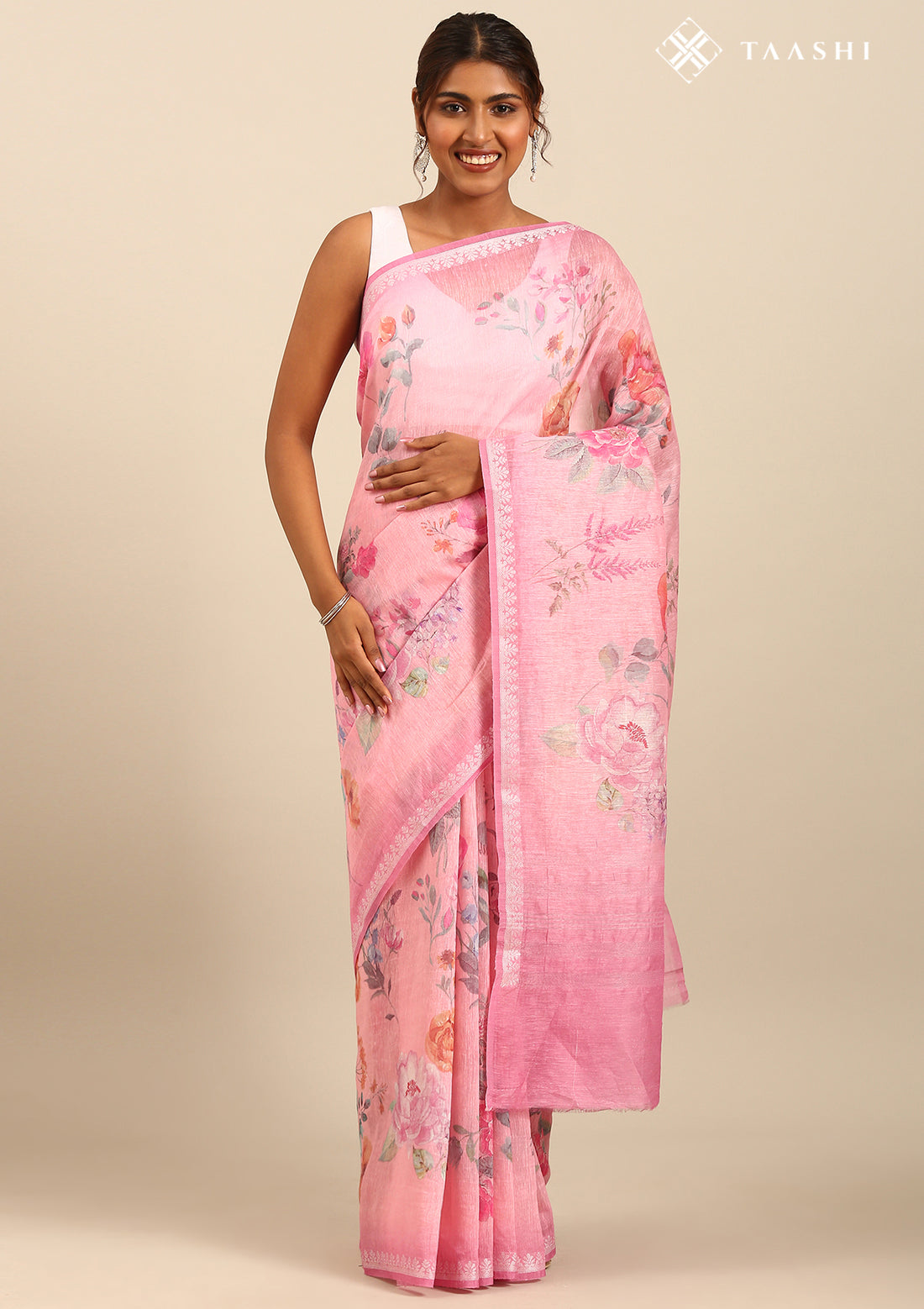 Pink Floral Printed Linen Saree