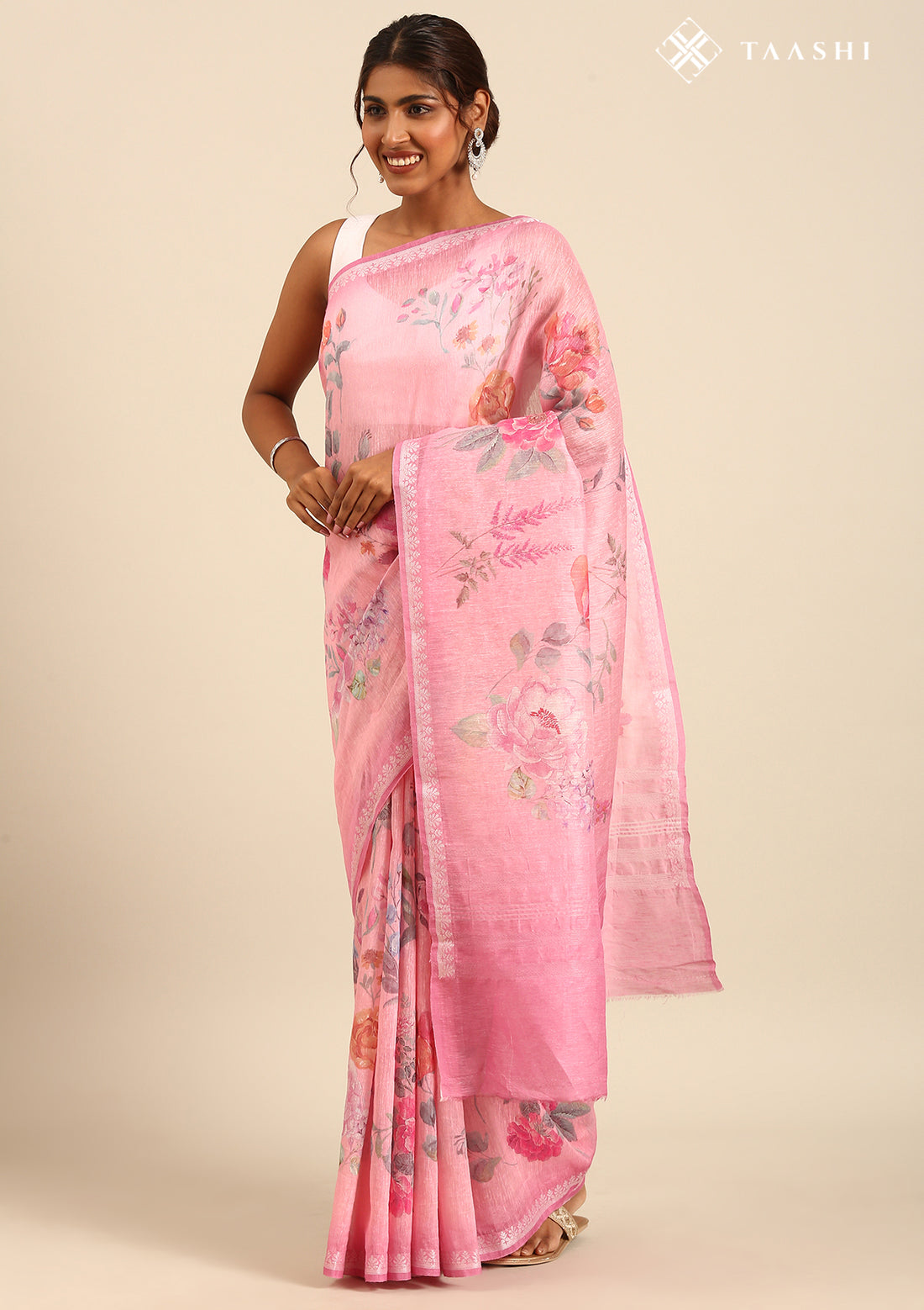 Pink Floral Printed Linen Saree