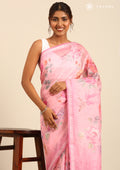 Pink Floral Printed Linen Saree - Taashi
