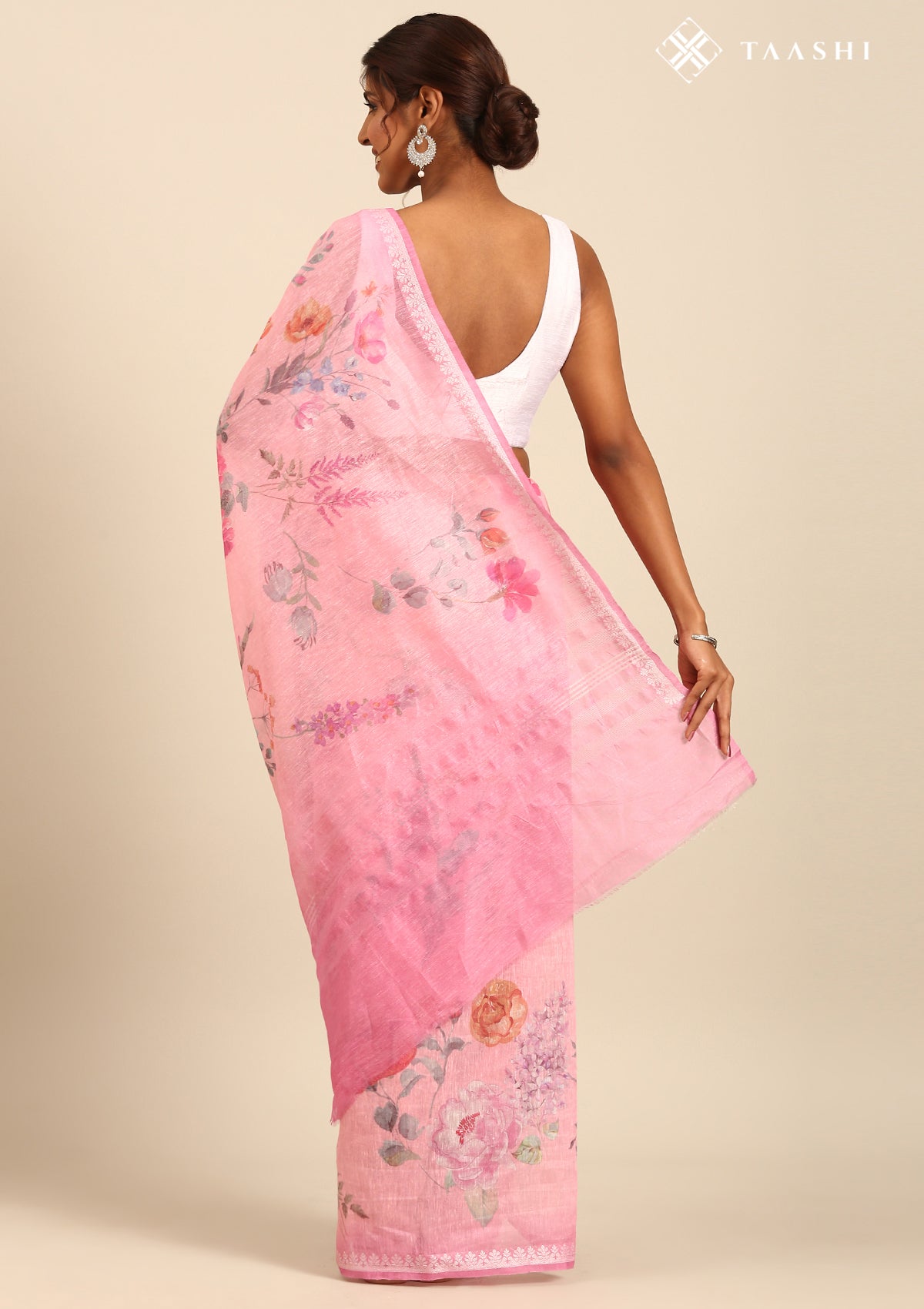 Pink Floral Printed Linen Saree