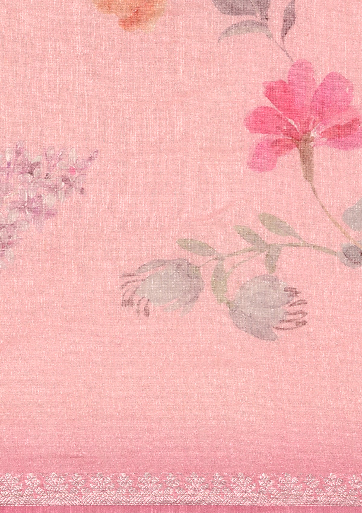 Pink Floral Printed Linen Saree