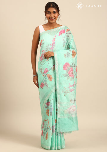 Pastel Green Floral Printed Linen Saree
