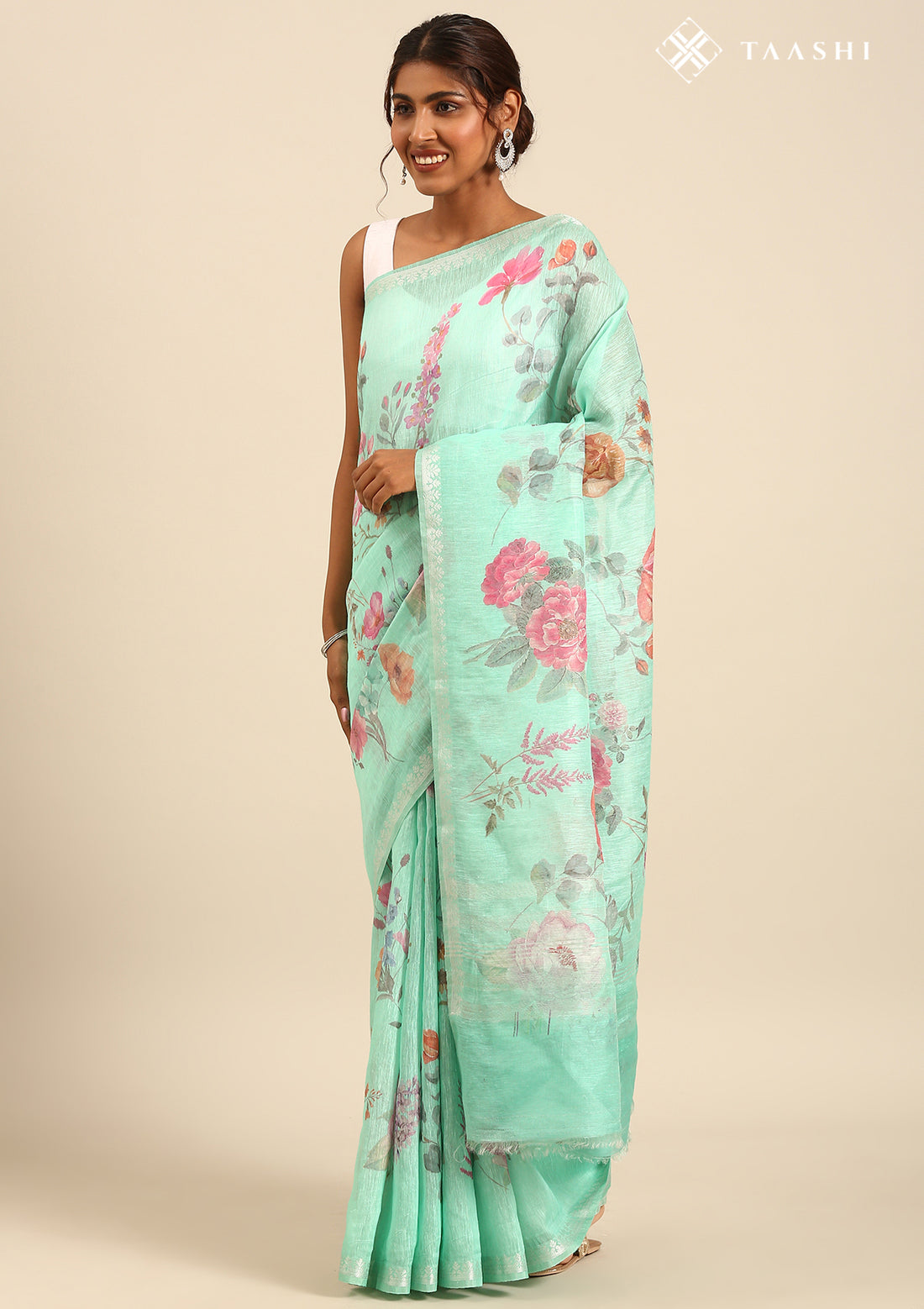 Pastel Green Floral Printed Linen Saree
