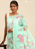 Pastel Green Floral Printed Linen Saree - Taashi