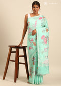 Pastel Green Floral Printed Linen Saree - Taashi